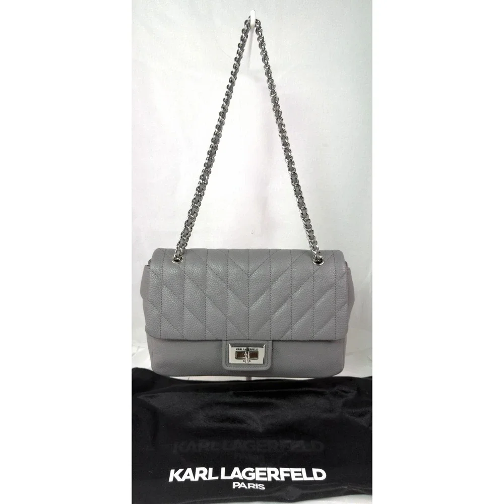 Karl Lagerfeld Paris Gray Quilted Chain Shoulder Flap Turn Lock Purse With DB!